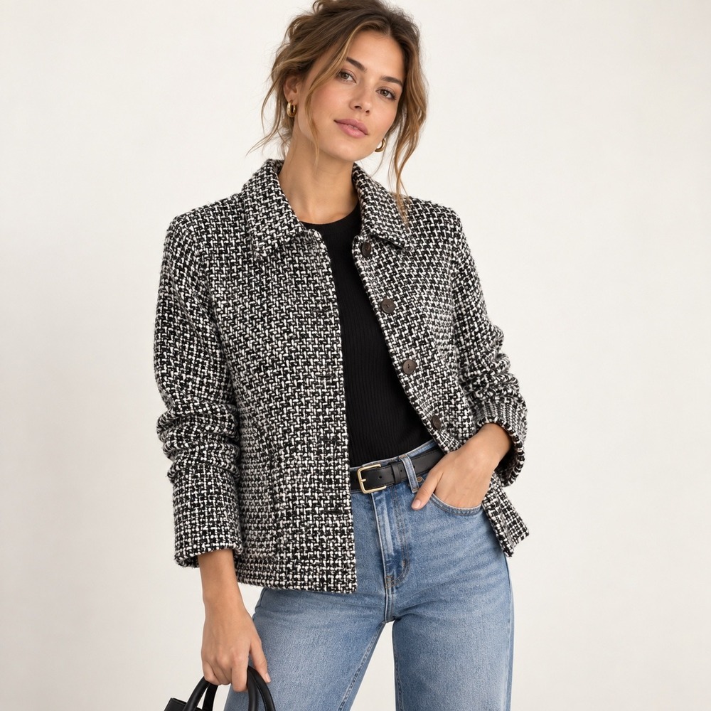 Chico's Black White Boucle Tweed Button Front Jacket Size 0 S 4/6 Old Money